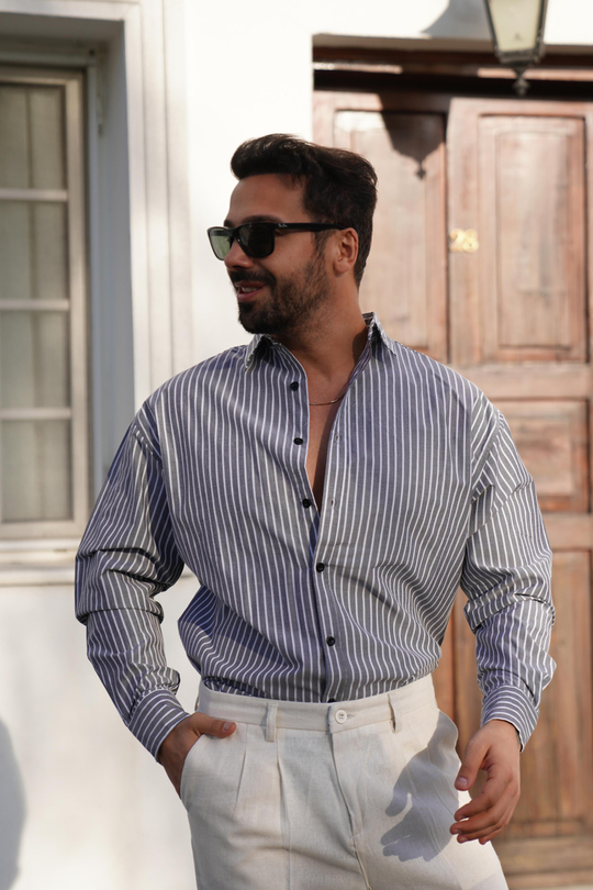 GÖMLEKFüme Beyaz Dik Çizgili Casual Gömlek SNZ 3895