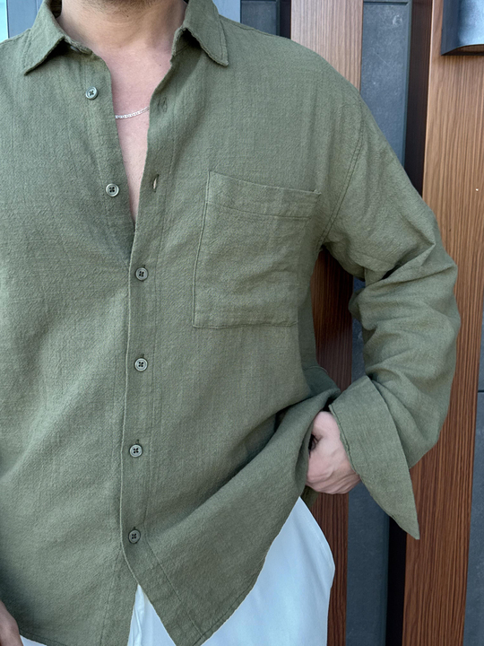GÖMLEKHaki Göğüs Cepli Ham Keten Oversize Gömlek PNC 2550