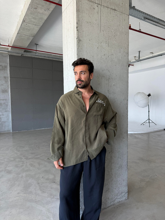 GÖMLEKHaki The Best Nakış Pamuk Boxy Gömlek PNC 2433