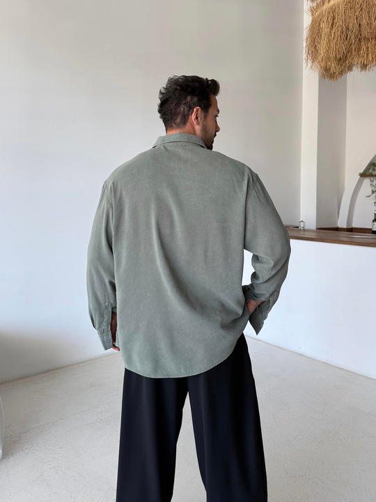 GÖMLEKHaki Yıkamalı Bol Modal Gömlek Esnt 4062