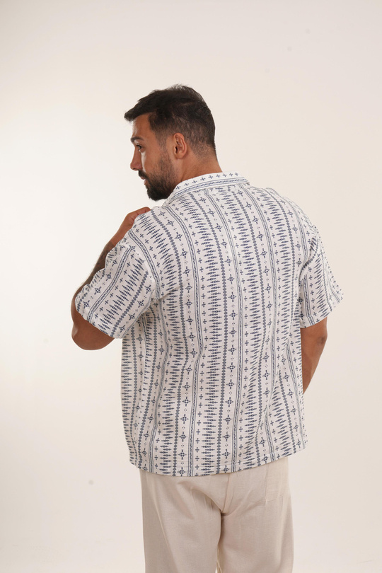 GÖMLEKİndigo Etnik Desen Oversize Keten Gömlek EST E70174