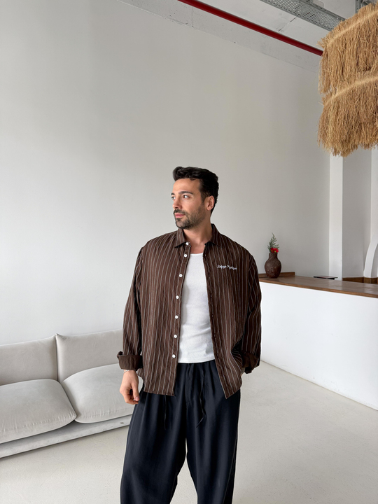 GÖMLEKKahve Çizgili Oversize Nakışlı Gömlek PNC 2554