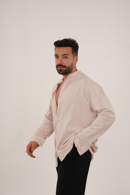 GÖMLEKKrem Hakim Yaka Keten Gömlek TB