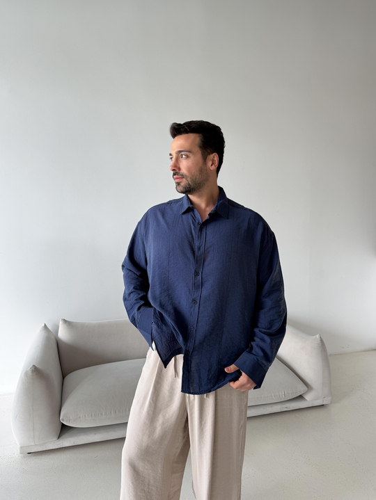 GÖMLEKLacivert Düz Krinkıl Detaylı Oversize Gömlek PLZ 26309