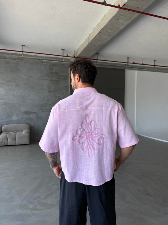 GÖMLEKPembe Keten Kısa Kol Boxy Nakış Gömlek PNC 2573