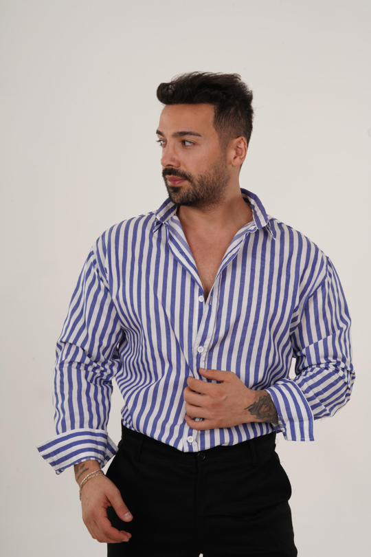 GÖMLEKSaksmavi Dik Kalın Çizgili Casual Gömlek SNZ 4593