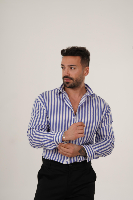 GÖMLEKSaksmavi Dik Kalın Çizgili Casual Gömlek SNZ 4593