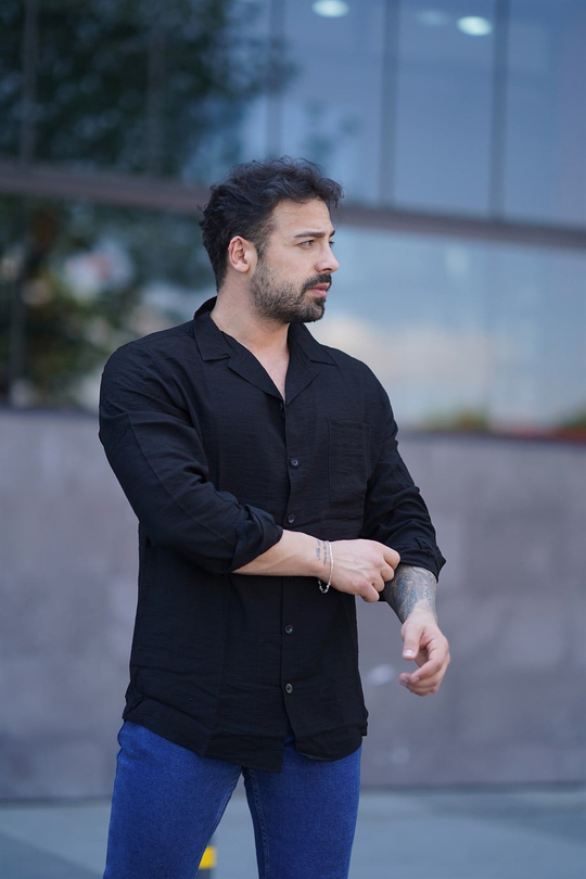 GÖMLEKSiyah Dalgalı Cepli Keten Gömlek SNZ