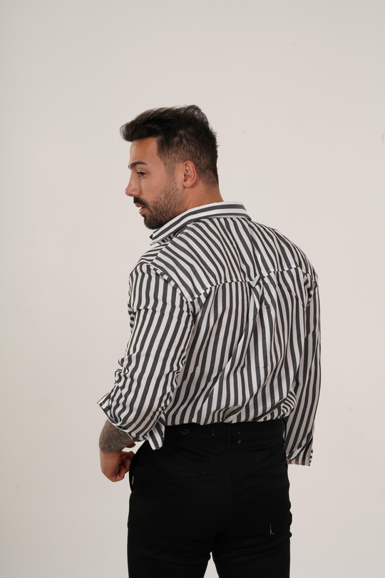 GÖMLEKSiyah Dik Kalın Çizgili Casual Gömlek SNZ 4593