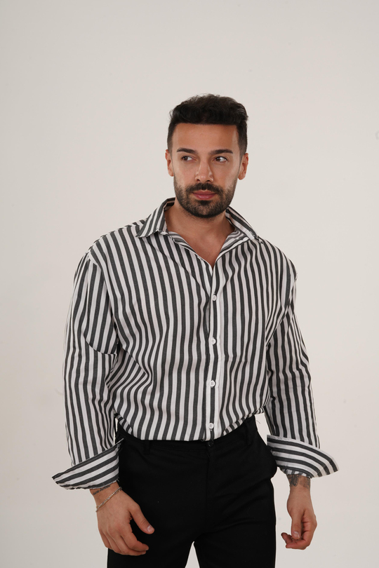GÖMLEKSiyah Dik Kalın Çizgili Casual Gömlek SNZ 4593