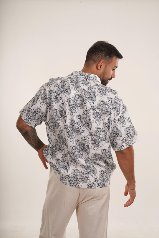 GÖMLEKSiyah Etro Desen Oversize Keten Gömlek EST E70176