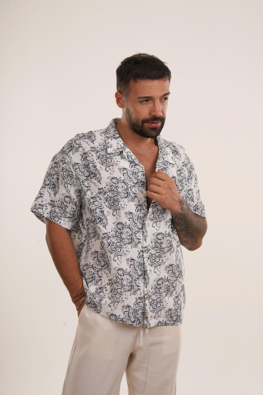 GÖMLEKSiyah Etro Desen Oversize Keten Gömlek EST E70176