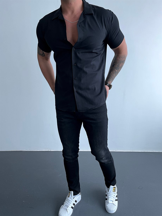 GÖMLEKSiyah Kısakollu Keten Slim Fit Gömlek MSS