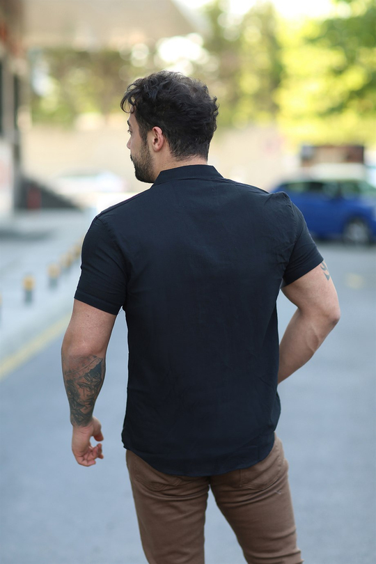GÖMLEKSiyah Kısakollu Keten Slim Fit Gömlek MSS