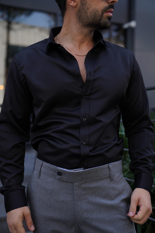 GÖMLEKSiyah Slim Fit Klasik Düz Gömlek 