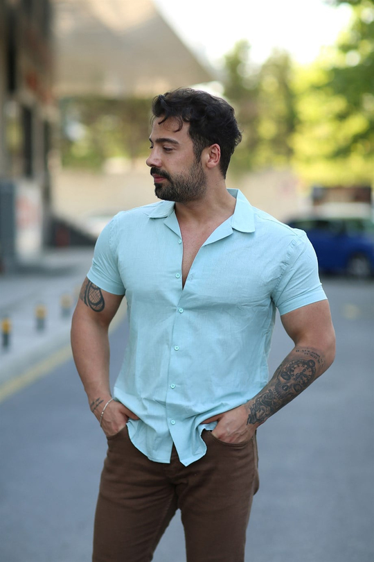 GÖMLEKSu Yeşili Kısakollu Keten Slim Fit Gömlek MSS