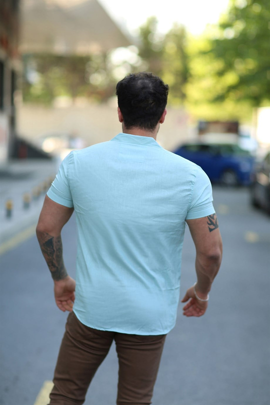 GÖMLEKSu Yeşili Kısakollu Keten Slim Fit Gömlek MSS