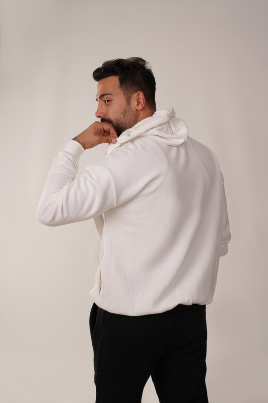 HIRKABeyaz 3 İplik Fermuarlı Kapşonlu Hoodie