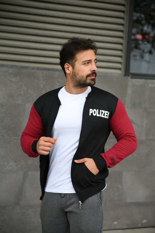 HIRKAGövdesi Siyah Kolları Bordo POLİZİE Fermuarlı Hırka