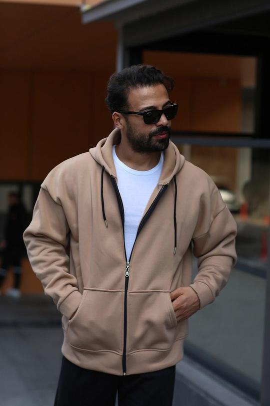 HIRKAKrem  3 İplik Hoodie Tam Fermuarlı Kapşonlu
