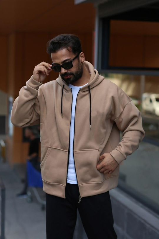 HIRKAKrem  3 İplik Hoodie Tam Fermuarlı Kapşonlu
