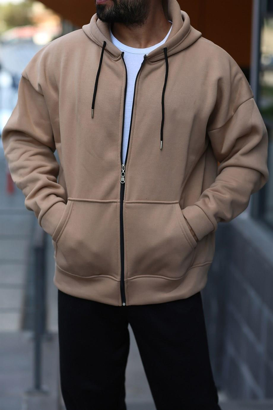 HIRKAKrem  3 İplik Hoodie Tam Fermuarlı Kapşonlu