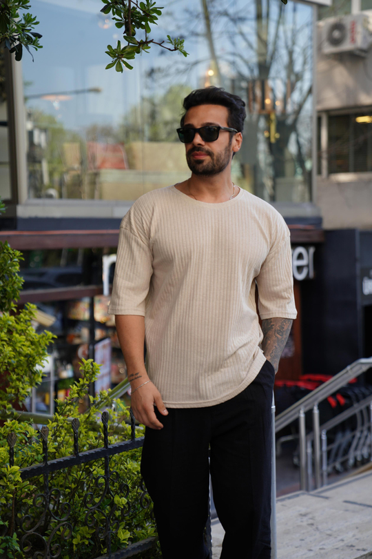 JOGGERBej Bej Fitilli Oversize T-Shirt SC