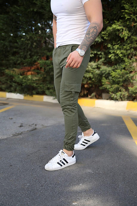JOGGERErkek Düz Haki  Kargo  Paça Lastikli Jogger