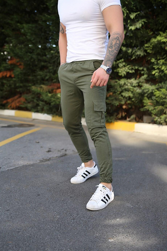 JOGGERErkek Düz Haki  Kargo  Paça Lastikli Jogger