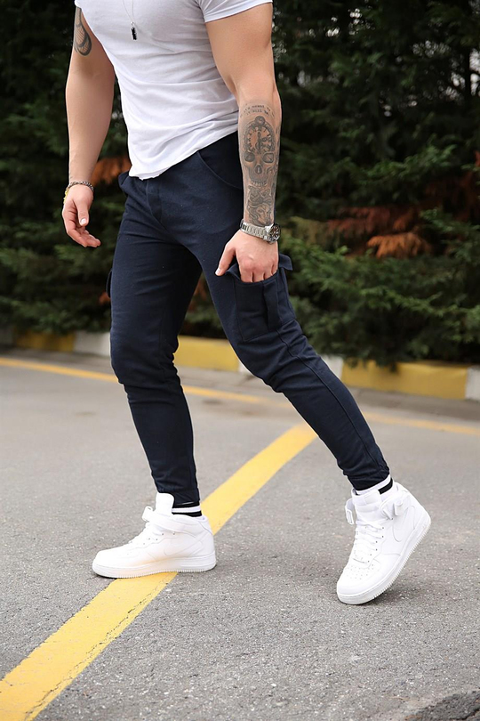 JOGGERErkek Düz Lacivert Kargo  Paça Lastikli Jogger