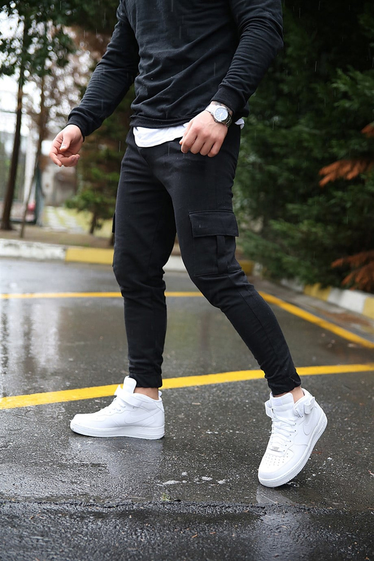 JOGGERErkek Düz Siyah Kargo  Paça Lastikli Jogger