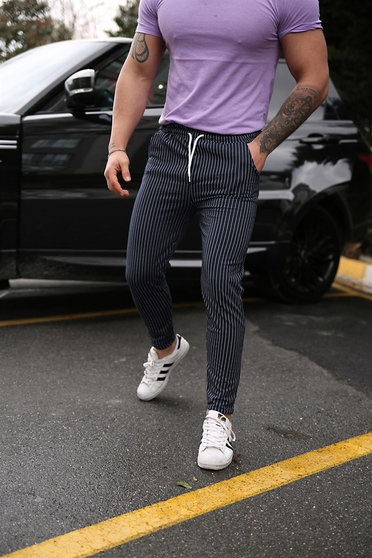 JOGGERErkek Full Dikey Çizgili Lacivert Jogger