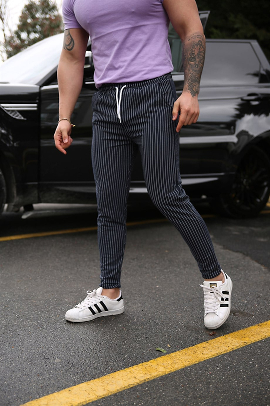 JOGGERErkek Full Dikey Çizgili Lacivert Jogger