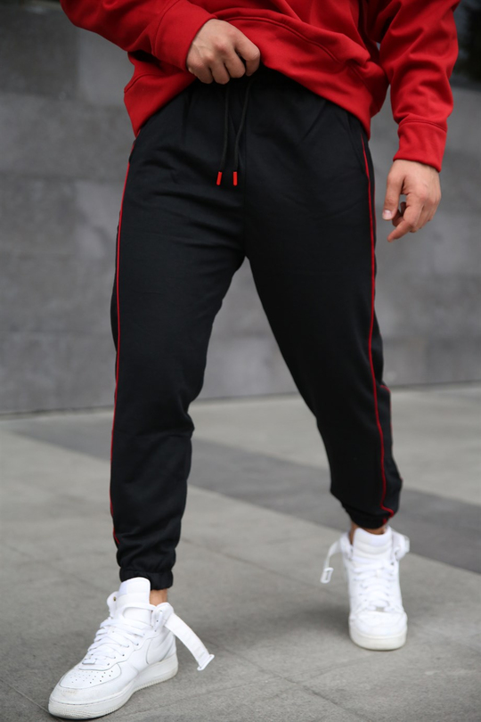 JOGGERErkek Siyah Yanı Çift İnce Kırmızı Şeritli Jogger ZB