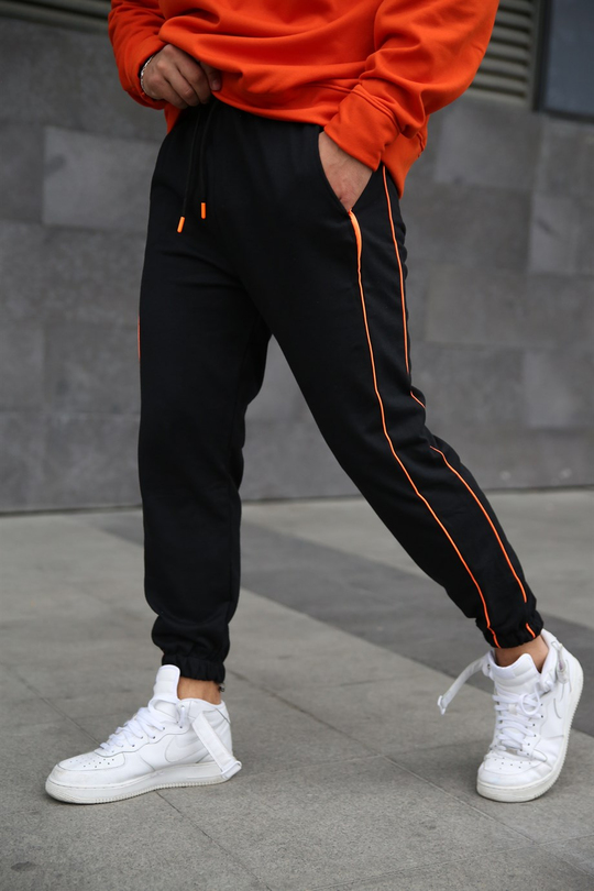 JOGGERErkek Siyah Yanı Çift İnce Turuncu Şeritli Jogger ZB