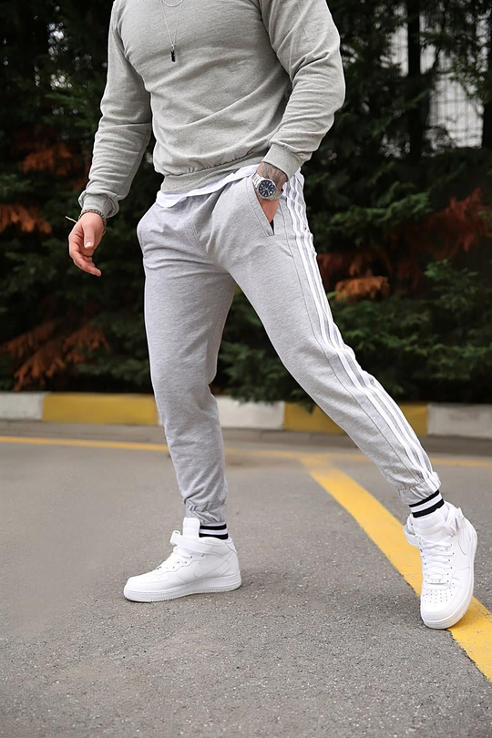JOGGERErkek Yandan 3 Şeritli Gri Jogger