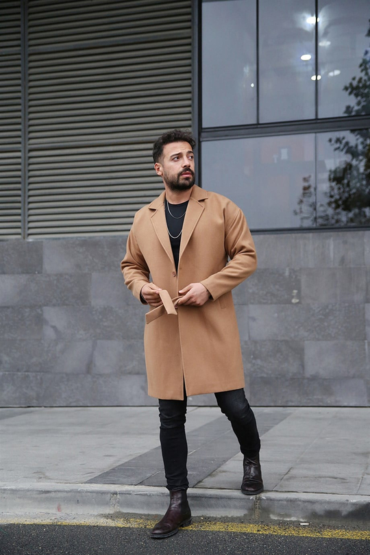 KAŞE KABANErkek Taba Uzun Kemerli Kaşe Kaban