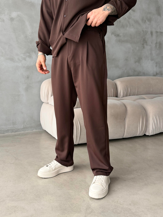 Kaşe PantolonKahve Double Kumaş Pileli Pantolon MSS