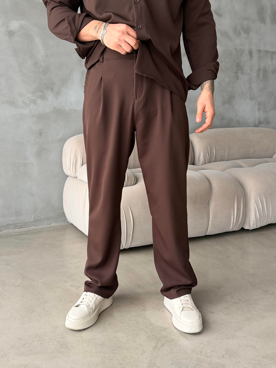 Kaşe PantolonKahve Double Kumaş Pileli Pantolon MSS