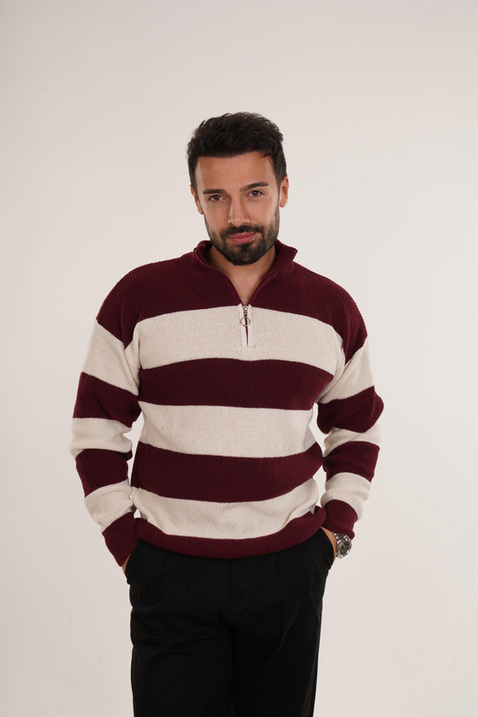 Bordo Selanik Çizgili Fermuarlı Triko