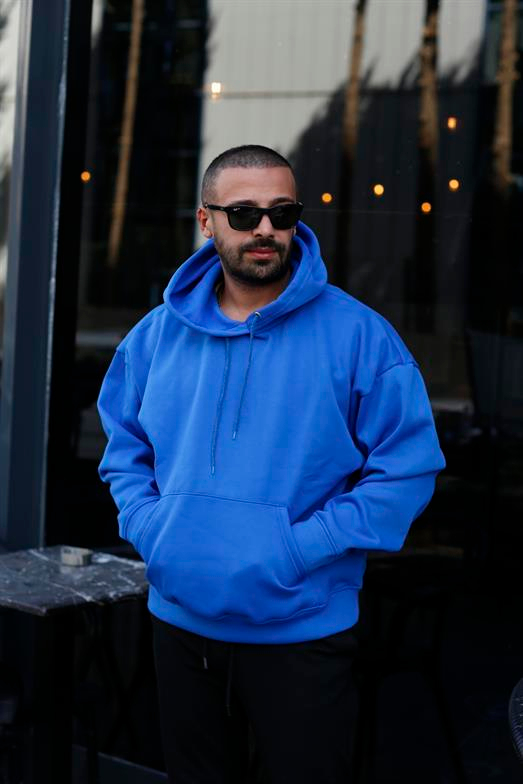 KAZAKSaksmavi 3 İplik Kanguru Kapşonlu Sweatshirt 2024