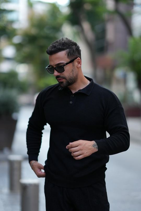 KAZAKSiyah Fitilli Örgü Polo Yaka Triko SNZ T7190