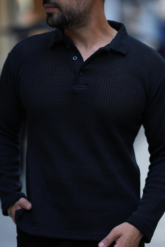 KAZAKSiyah Polo Yaka Patlı Triko SNZ M8414