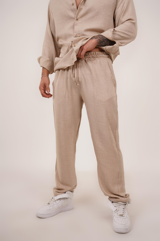 KETEN PANTOLONBej Bol Bağcıklı Keten Pantalon TK 1019
