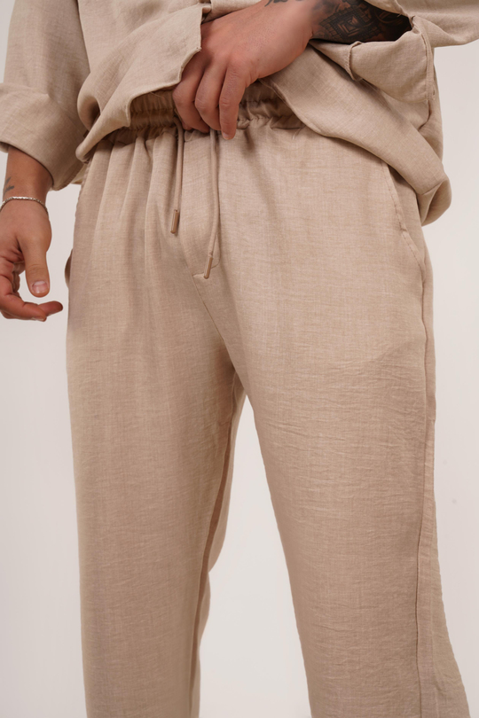 KETEN PANTOLONBej Bol Bağcıklı Keten Pantalon TK 1019