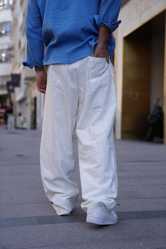 KETEN PANTOLONBeyaz Bağcıklı Bol Oversize Keten Pantolon VMS 40817