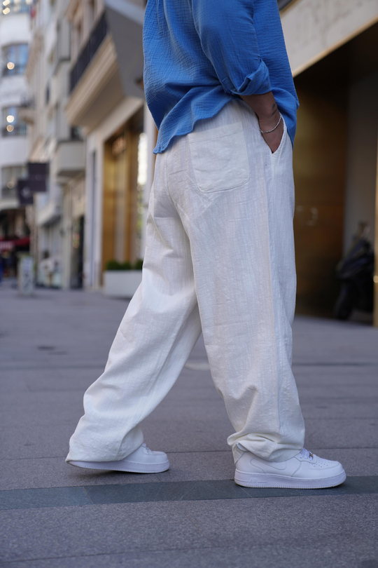 KETEN PANTOLONBeyaz Bağcıklı Bol Oversize Keten Pantolon VMS 40817