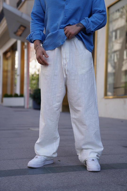 KETEN PANTOLONBeyaz Bağcıklı Bol Oversize Keten Pantolon VMS 40817