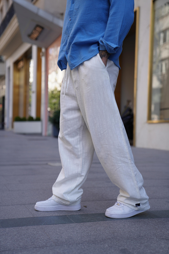 KETEN PANTOLONBeyaz Bağcıklı Bol Oversize Keten Pantolon VMS 40817