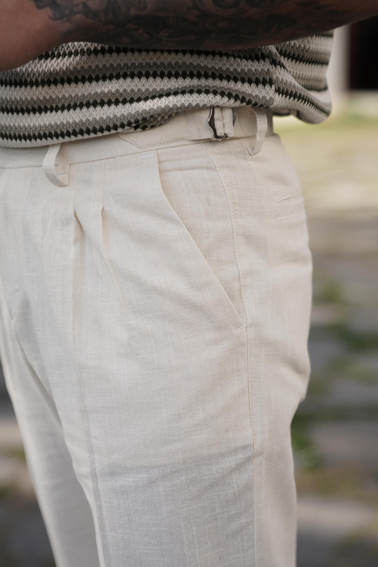 KETEN PANTOLONEkru Tokalı Duble Boru Paça Keten Pantolon SNZ 3938